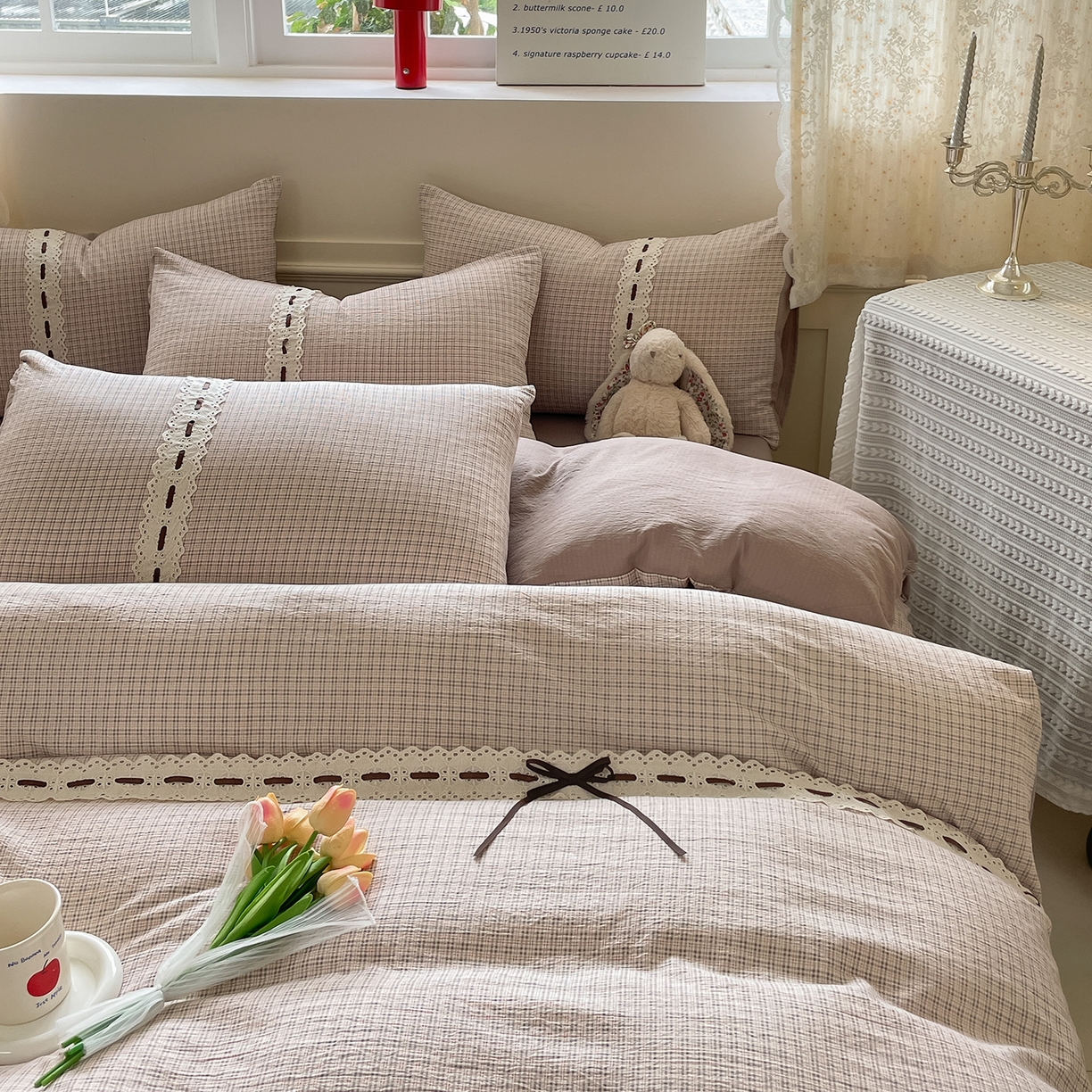 91家纺网 家纺一手货源 找家纺 韩后家纺 2025新款木棉印花四件套 格韵-咖