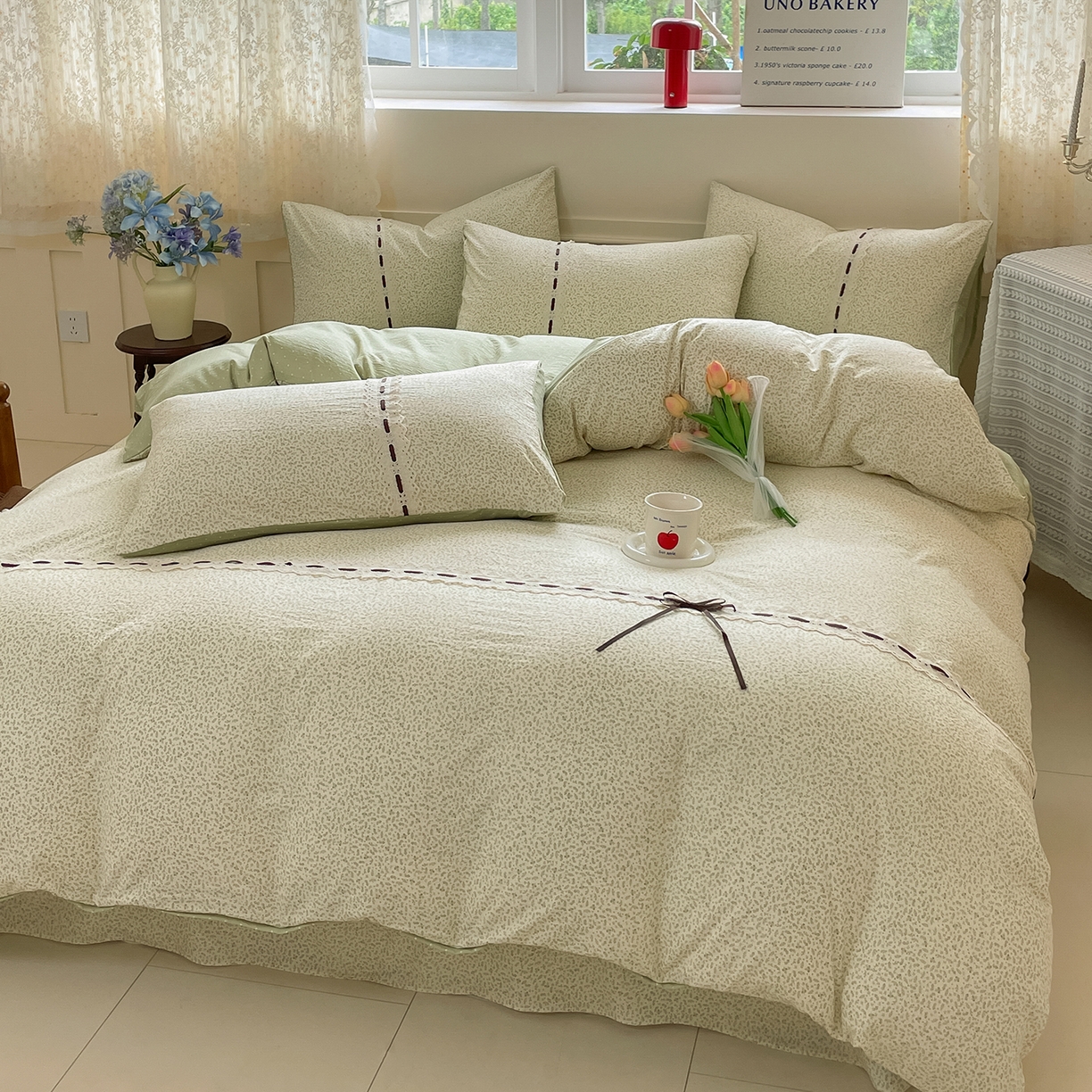 91家纺网 家纺一手货源 找家纺 韩后家纺 2025新款木棉印花四件套 塞纳花园-绿