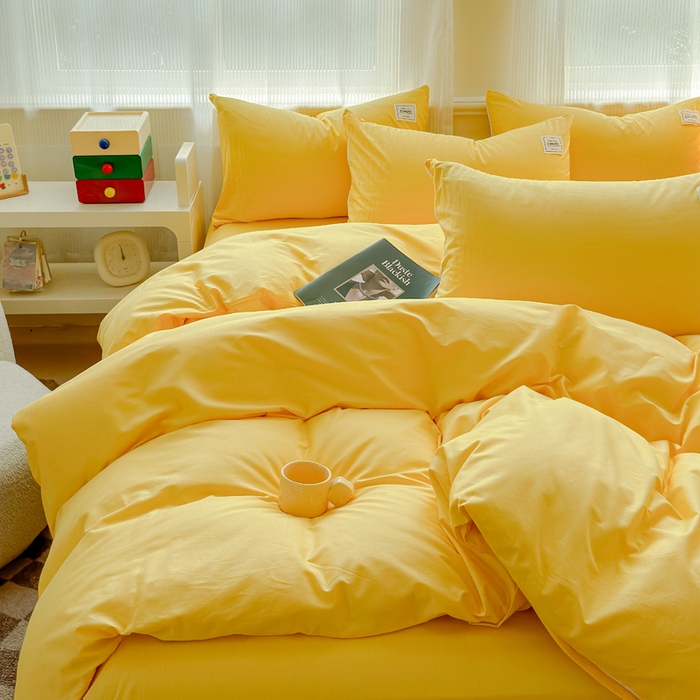 91家纺网 家纺一手货源 找家纺 花香四季家纺 2025新款全棉13376纯棉素色四件套系列床单床笠枕套单品 姜黄