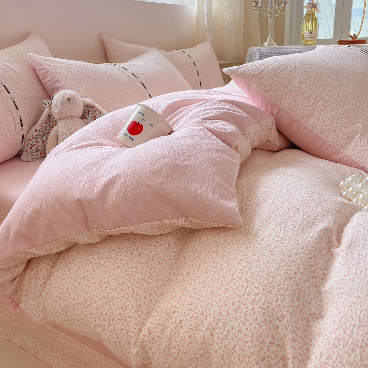 91家纺网 家纺一手货源 找家纺 韩后家纺 2025新款木棉印花四件套 塞纳花园-粉