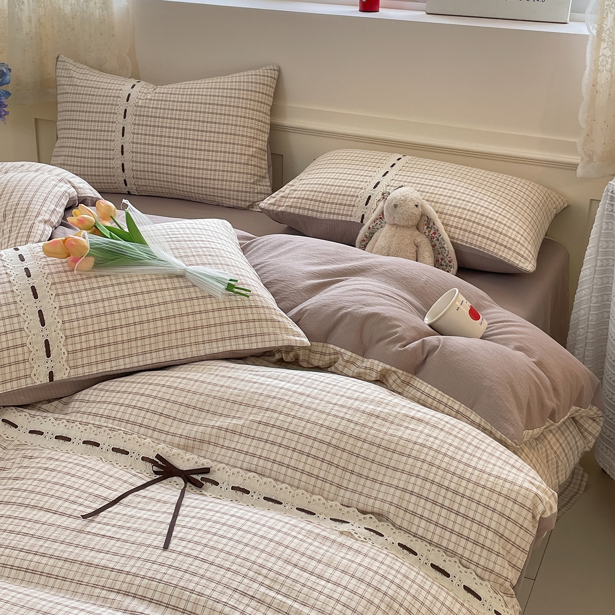 91家纺网 家纺一手货源 找家纺 韩后家纺 2025新款木棉印花四件套 艾格-咖