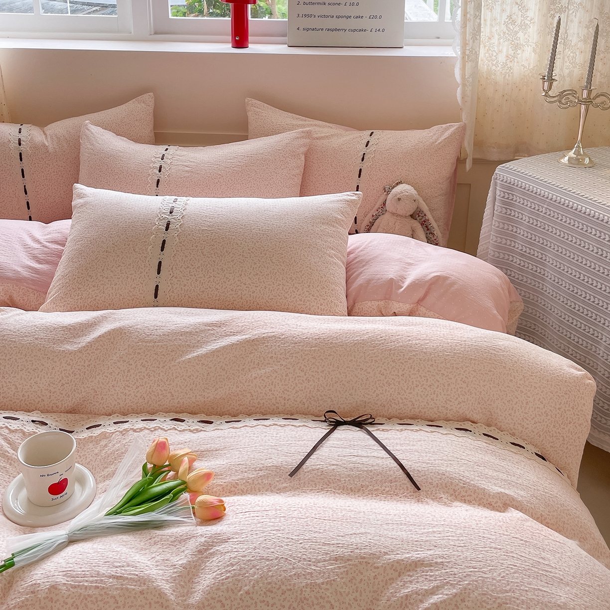 91家纺网 家纺一手货源 找家纺 韩后家纺 2025新款木棉印花四件套 塞纳花园-粉