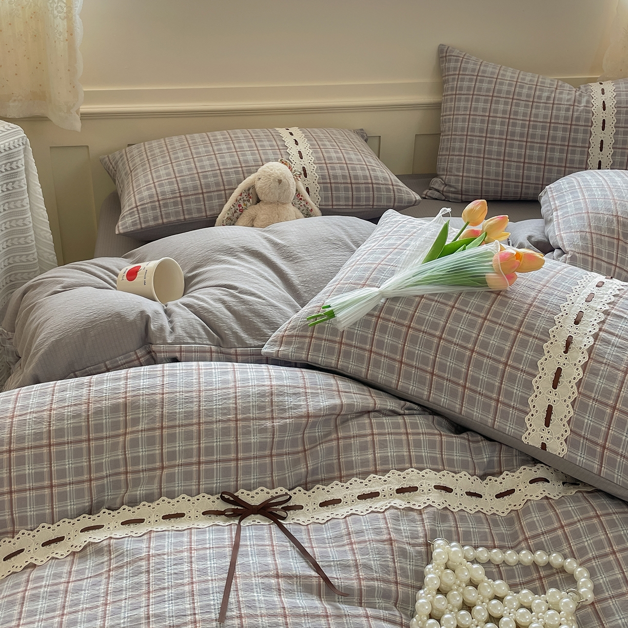 91家纺网 家纺一手货源 找家纺 韩后家纺 2025新款木棉印花四件套 艾格-灰