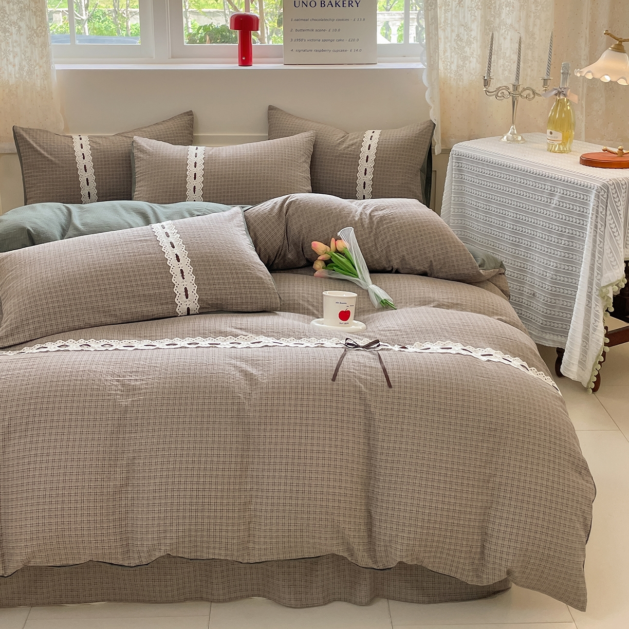 91家纺网 家纺一手货源 找家纺 韩后家纺 2025新款木棉印花四件套 格韵-绿