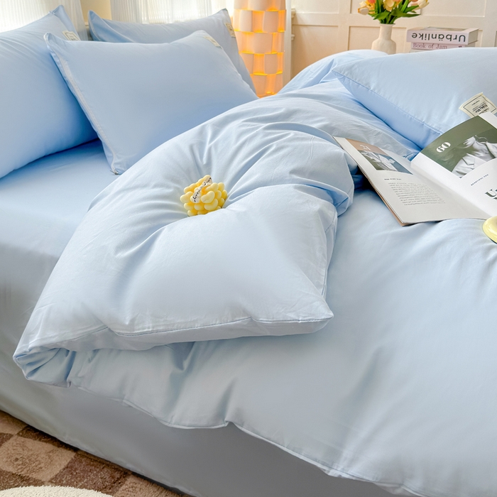 91家纺网 家纺一手货源 找家纺 花香四季家纺 2025新款全棉13376纯棉素色四件套系列床单床笠枕套单品 天真蓝