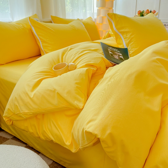 91家纺网 家纺一手货源 找家纺 花香四季家纺 2025新款全棉13376纯棉素色四件套系列床单床笠枕套单品 姜黄