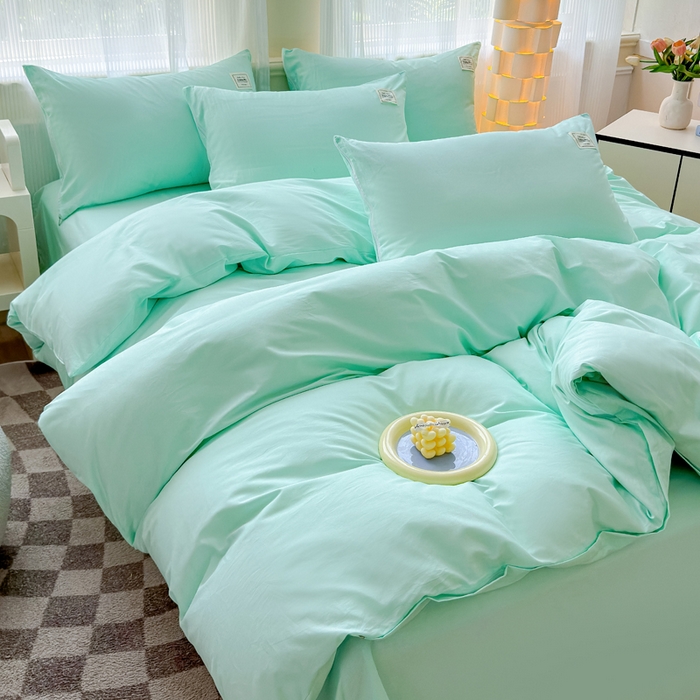 91家纺网 家纺一手货源 找家纺 花香四季家纺 2025新款全棉13376纯棉素色四件套系列床单床笠枕套单品 薄荷绿