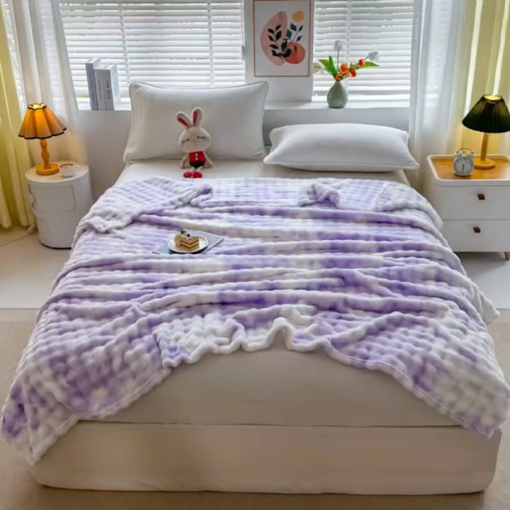 91家纺网 家纺一手货源 找家纺 肖恩毯业 2025新款托斯卡纳兔毛绒炫彩毛毯泡泡绒牛奶绒毯沙发盖毯跨境专供外贸出口可定制尺寸量大可谈 炫彩紫