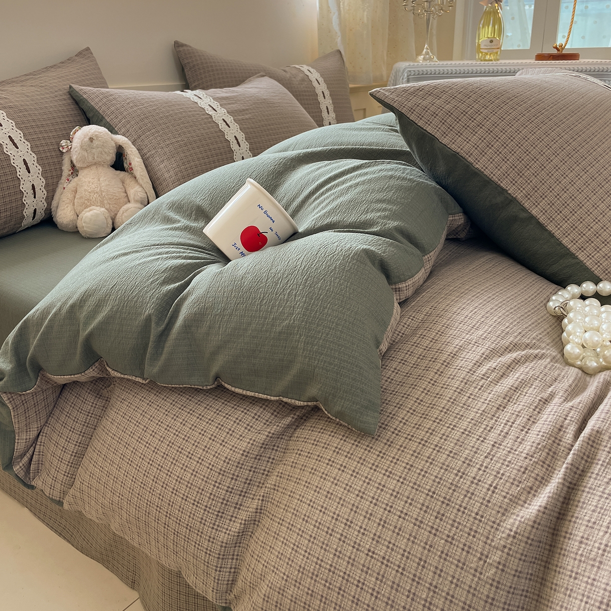 91家纺网 家纺一手货源 找家纺 韩后家纺 2025新款木棉印花四件套 格韵-绿