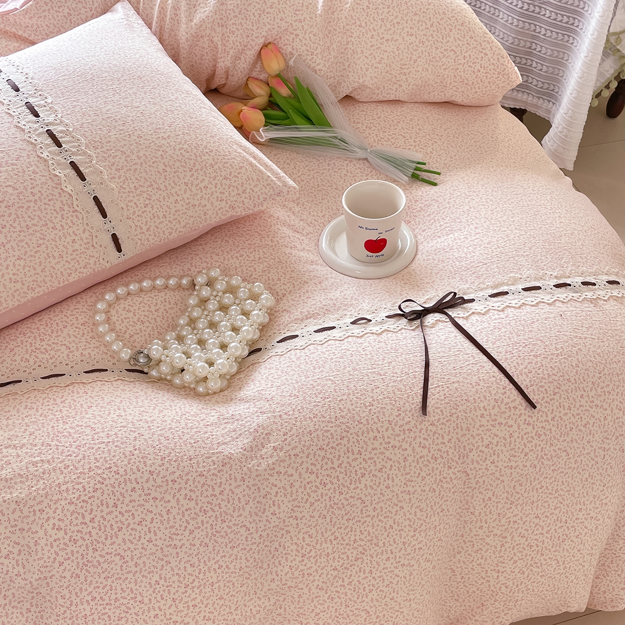 91家纺网 家纺一手货源 找家纺 韩后家纺 2025新款木棉印花四件套 塞纳花园-粉