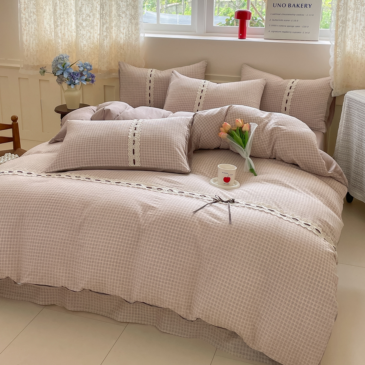 91家纺网 家纺一手货源 找家纺 韩后家纺 2025新款木棉印花四件套 格韵-咖