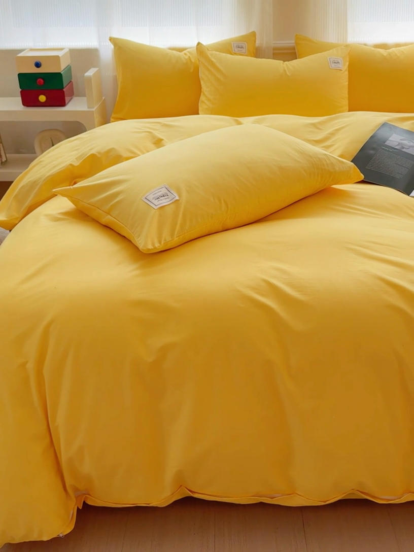 91家纺网 家纺一手货源 找家纺 花香四季家纺 2025新款全棉13376纯棉素色四件套系列床单床笠枕套单品 姜黄