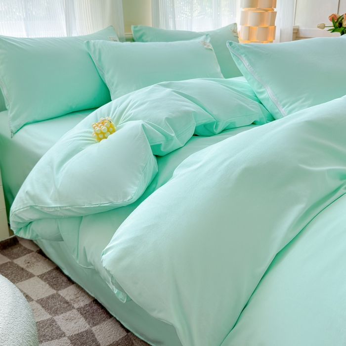 91家纺网 家纺一手货源 找家纺 花香四季家纺 2025新款全棉13376纯棉素色四件套系列床单床笠枕套单品 薄荷绿