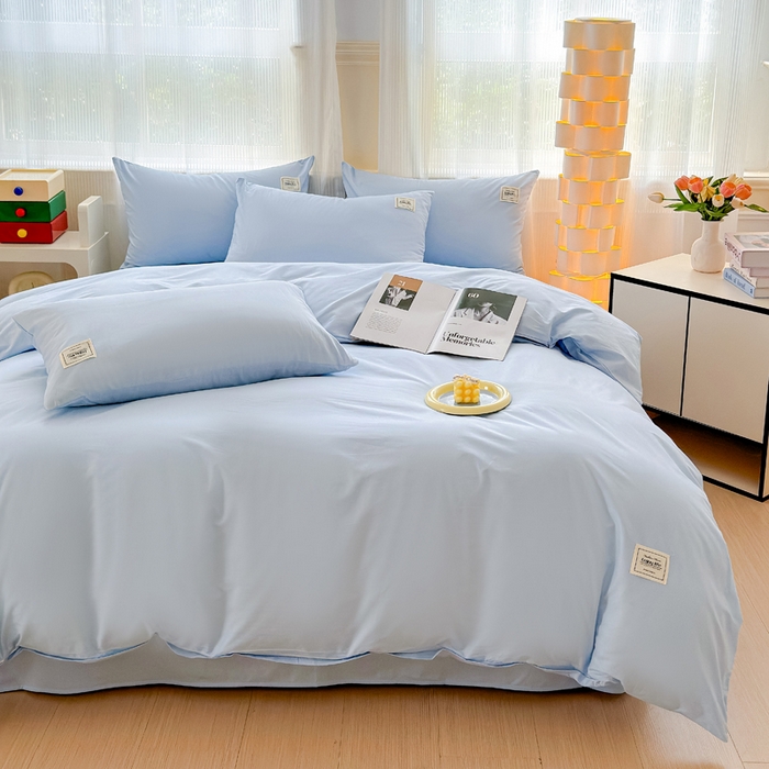 91家纺网 家纺一手货源 找家纺 花香四季家纺 2025新款全棉13376纯棉素色四件套系列床单床笠枕套单品 天真蓝