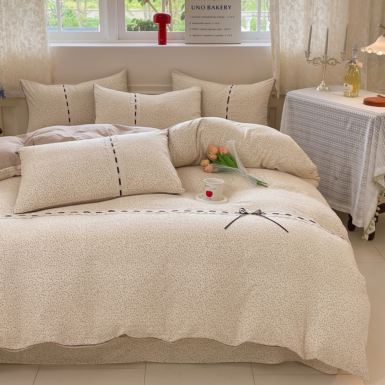 91家纺网 家纺一手货源 找家纺 韩后家纺 2025新款木棉印花四件套 塞纳花园-咖