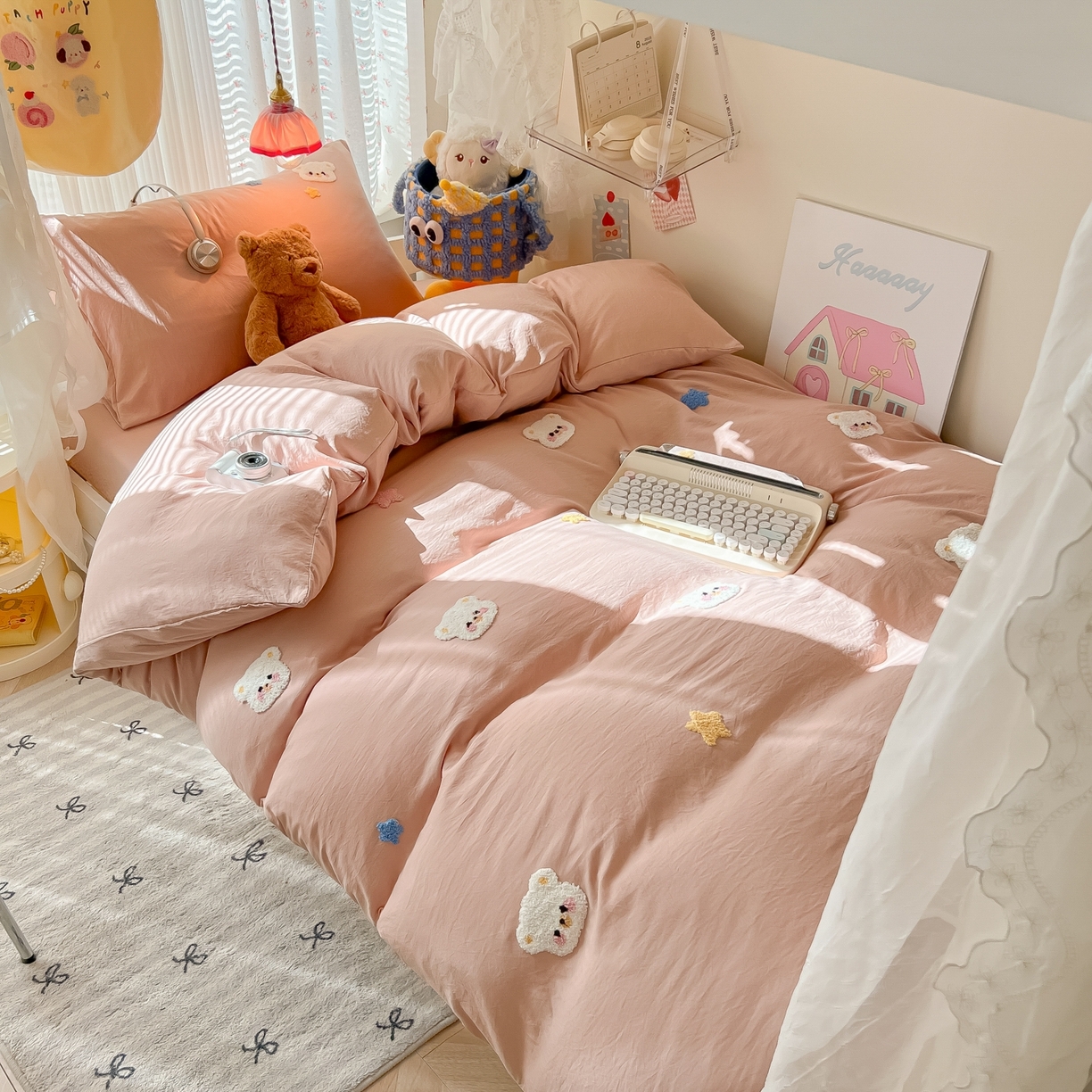 91家纺网 家纺一手货源 找家纺 韩巢家纺 2025新款学生宿舍寝室高低床水洗棉毛巾绣学生季被套床单三件套-幸运熊 幸运熊奶咖