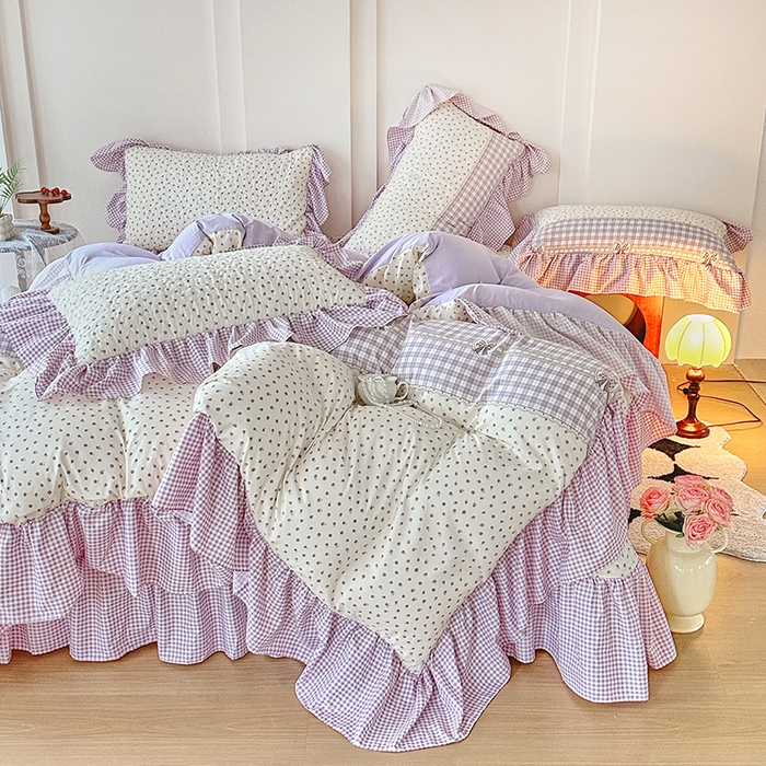 91家纺网 家纺一手货源 找家纺 易辰美 2025新款法式公主风夹棉床盖四件套 艾薇尔-紫