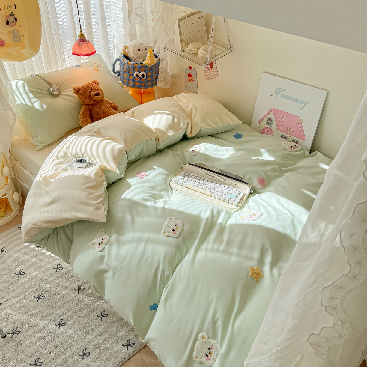 91家纺网 家纺一手货源 找家纺 韩巢家纺 2025新款学生宿舍寝室高低床水洗棉毛巾绣学生季被套床单三件套-幸运熊 幸运熊浅绿黄