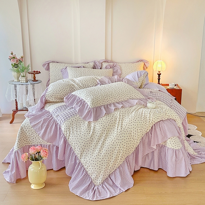 91家纺网 家纺一手货源 找家纺 易辰美 2025新款法式公主风夹棉床盖四件套 艾薇尔-紫