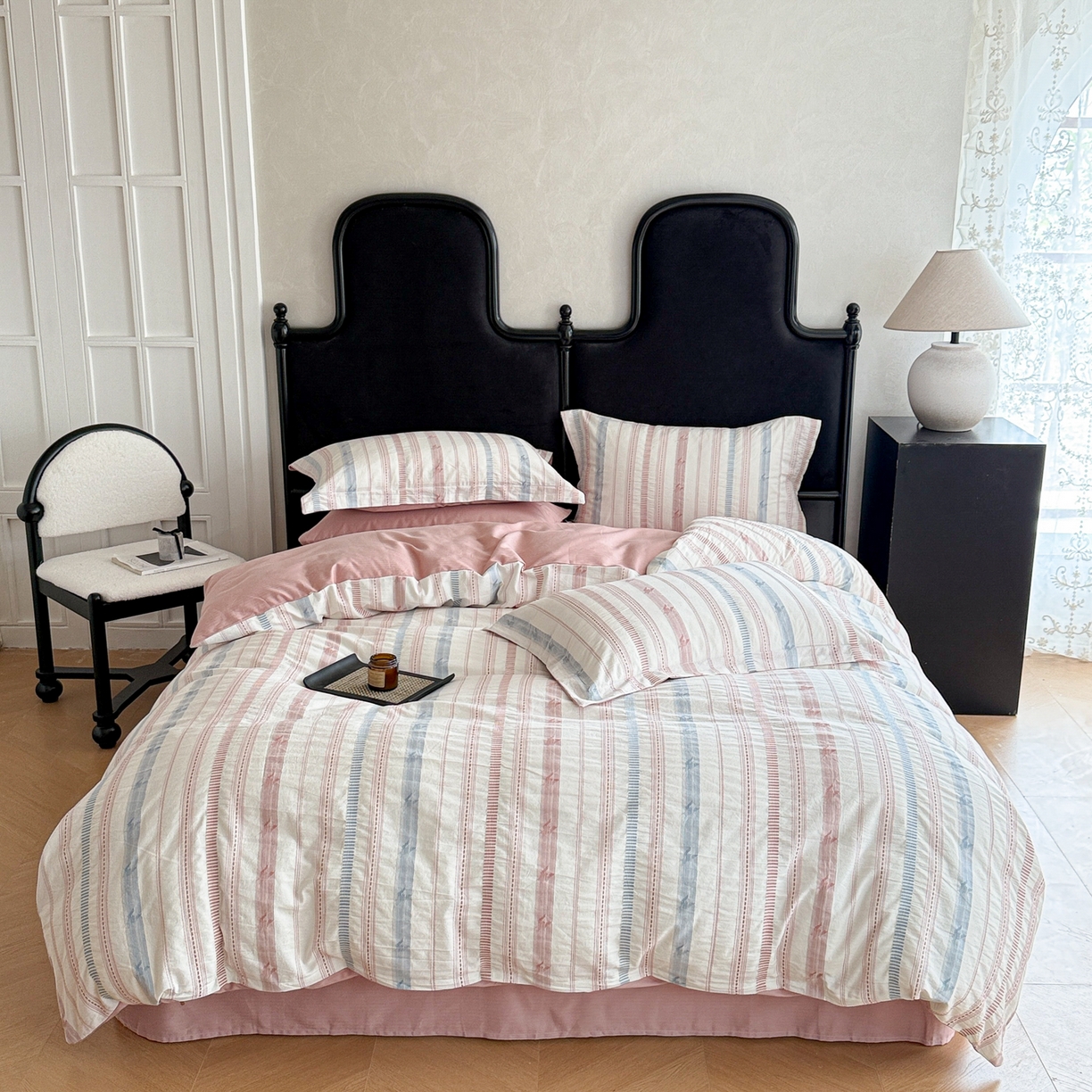 91家纺网 家纺一手货源 找家纺 眠博士 2025新款A类立体穿线提花纯棉四件套 提花股线套件-素简 粉