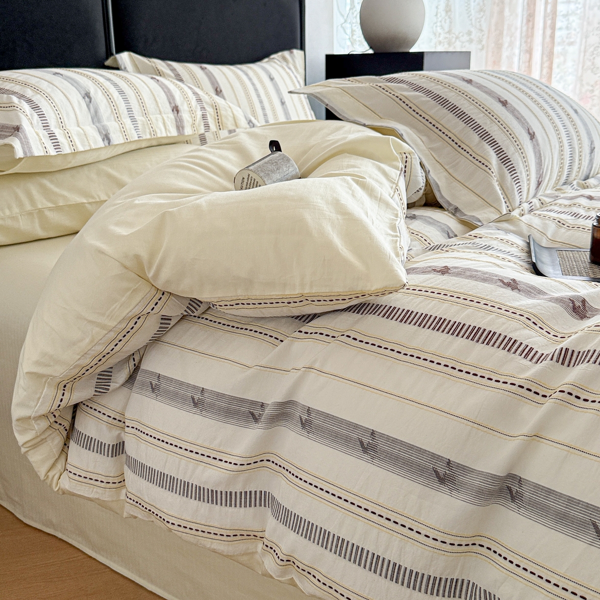 91家纺网 家纺一手货源 找家纺 眠博士 2025新款A类立体穿线提花纯棉四件套 提花股线套件-素简 米