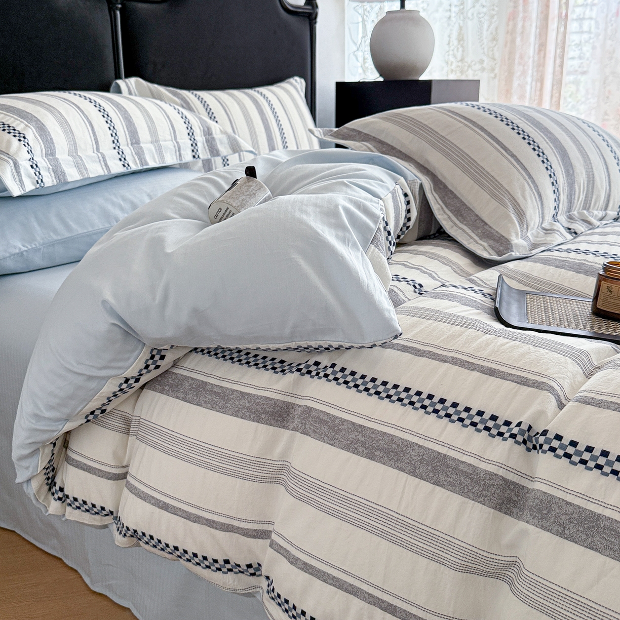 91家纺网 家纺一手货源 找家纺 眠博士 2025新款A类立体穿线提花纯棉四件套 提花股线套件-未来 蓝