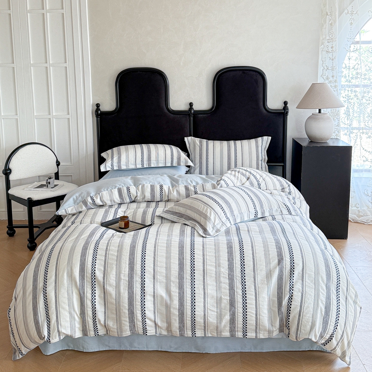 91家纺网 家纺一手货源 找家纺 眠博士 2025新款A类立体穿线提花纯棉四件套 提花股线套件-未来 蓝