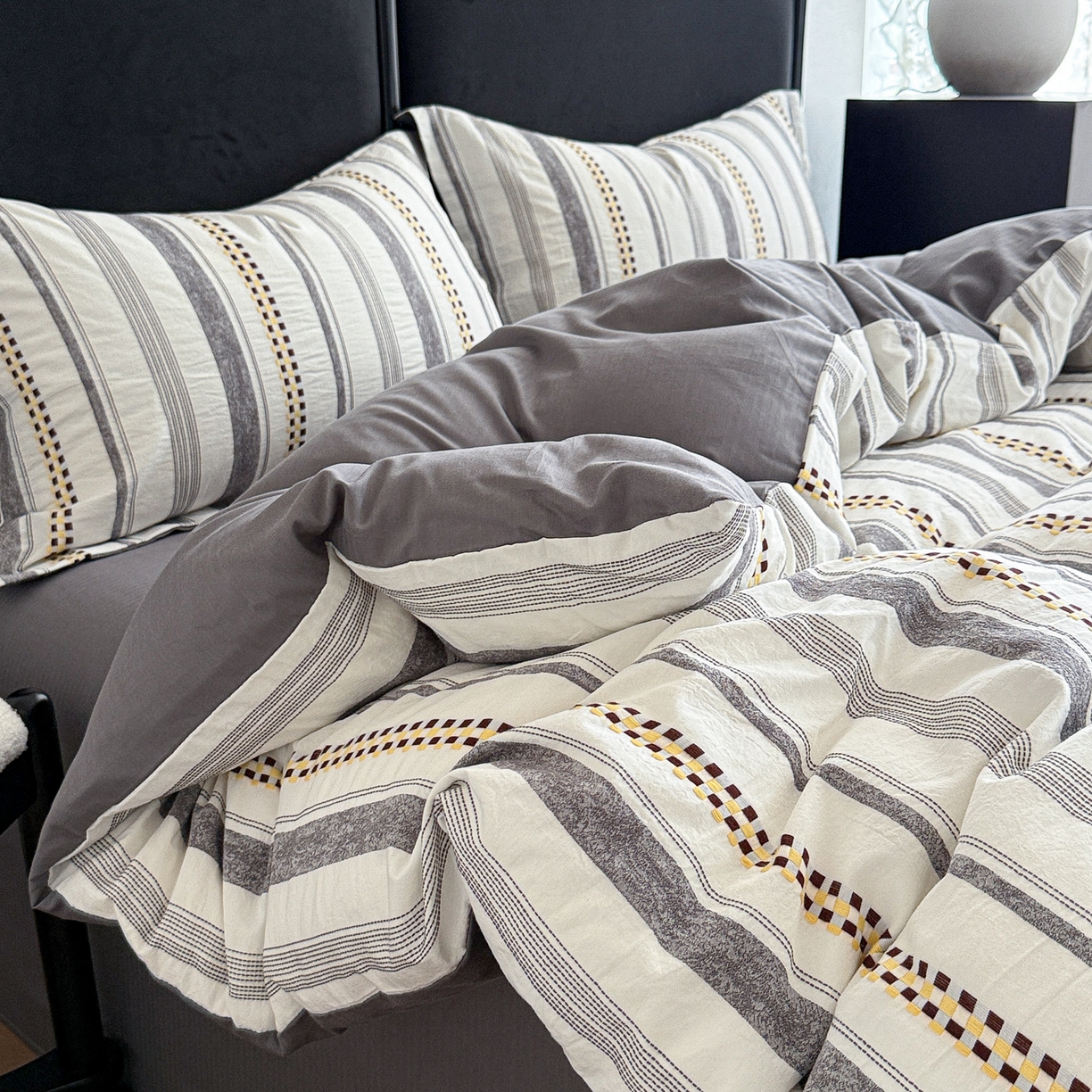 91家纺网 家纺一手货源 找家纺 眠博士 2025新款A类立体穿线提花纯棉四件套 提花股线套件-未来 灰