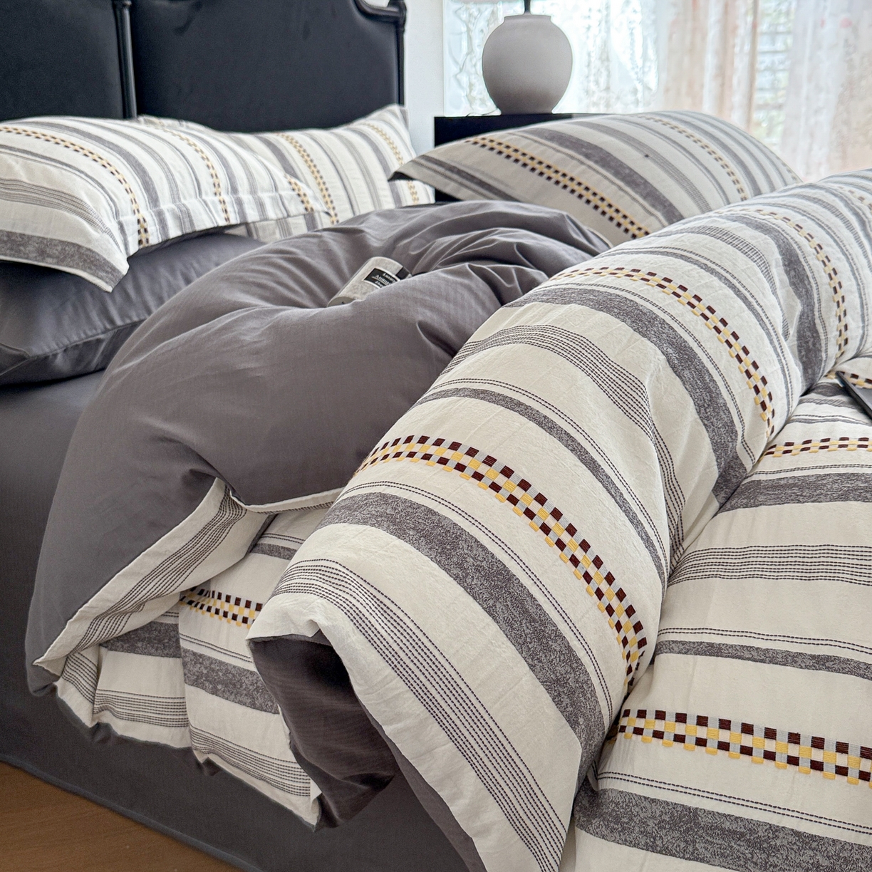 91家纺网 家纺一手货源 找家纺 眠博士 2025新款A类立体穿线提花纯棉四件套 提花股线套件-未来 灰