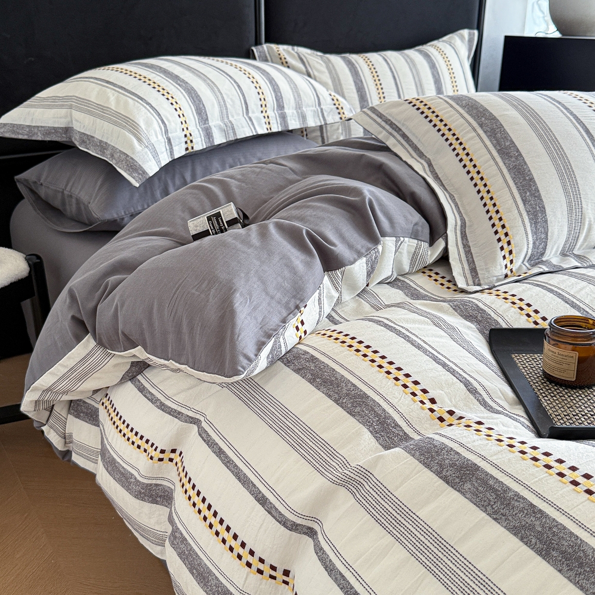 91家纺网 家纺一手货源 找家纺 眠博士 2025新款A类立体穿线提花纯棉四件套 提花股线套件-未来 灰