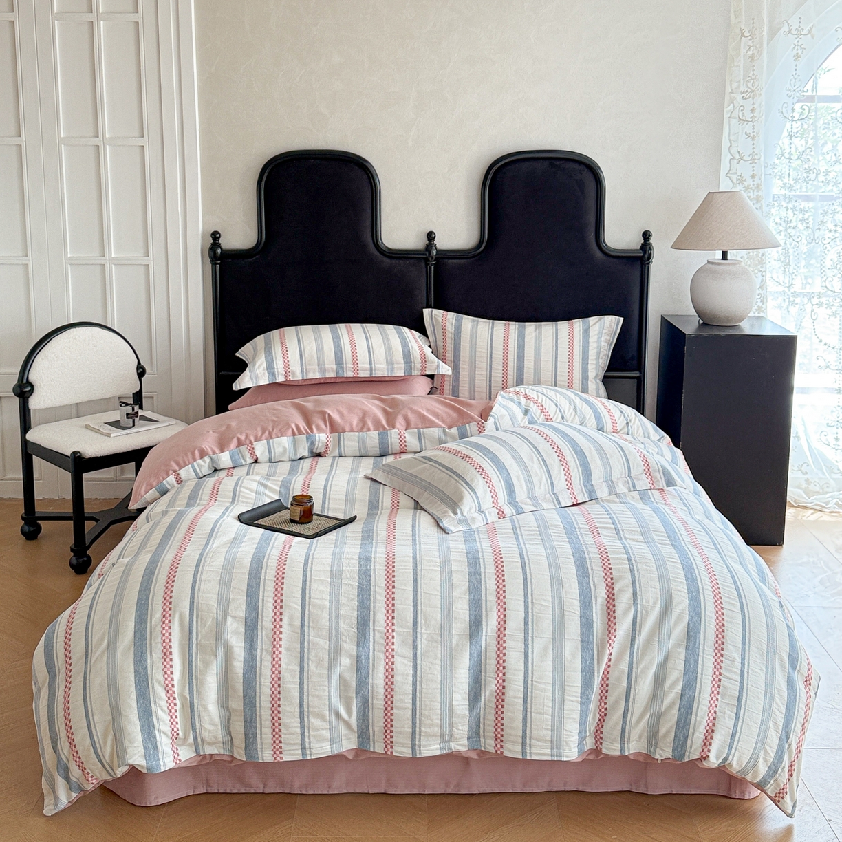 91家纺网 家纺一手货源 找家纺 眠博士 2025新款A类立体穿线提花纯棉四件套 提花股线套件-未来 粉