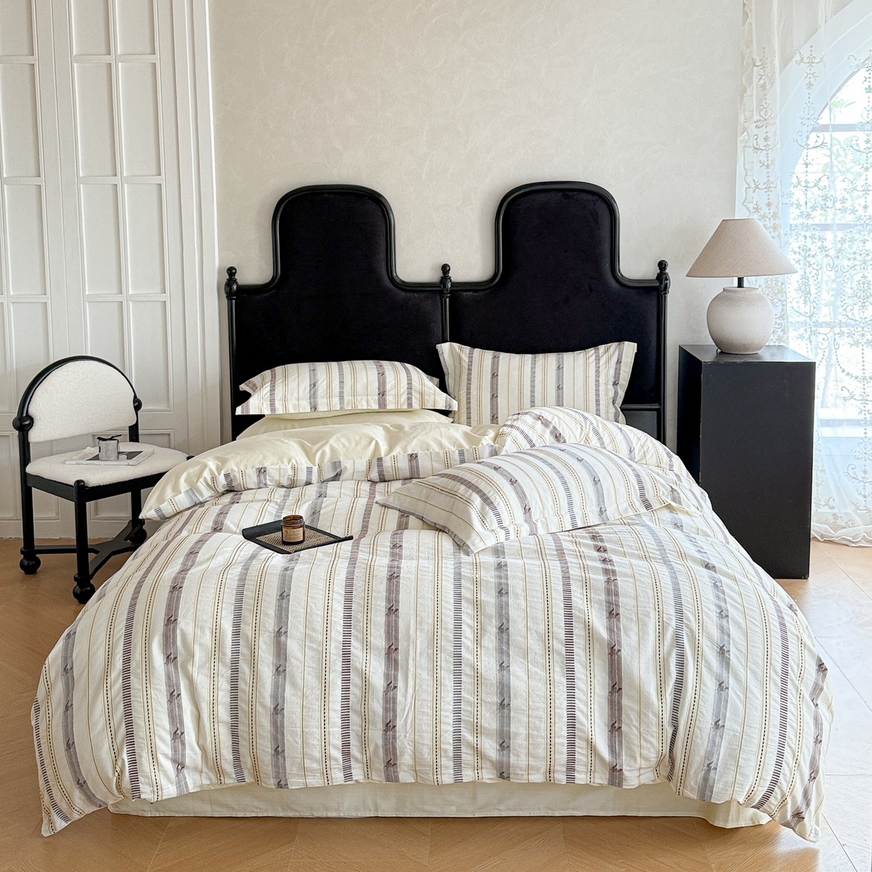 91家纺网 家纺一手货源 找家纺 眠博士 2025新款A类立体穿线提花纯棉四件套 提花股线套件-素简 米