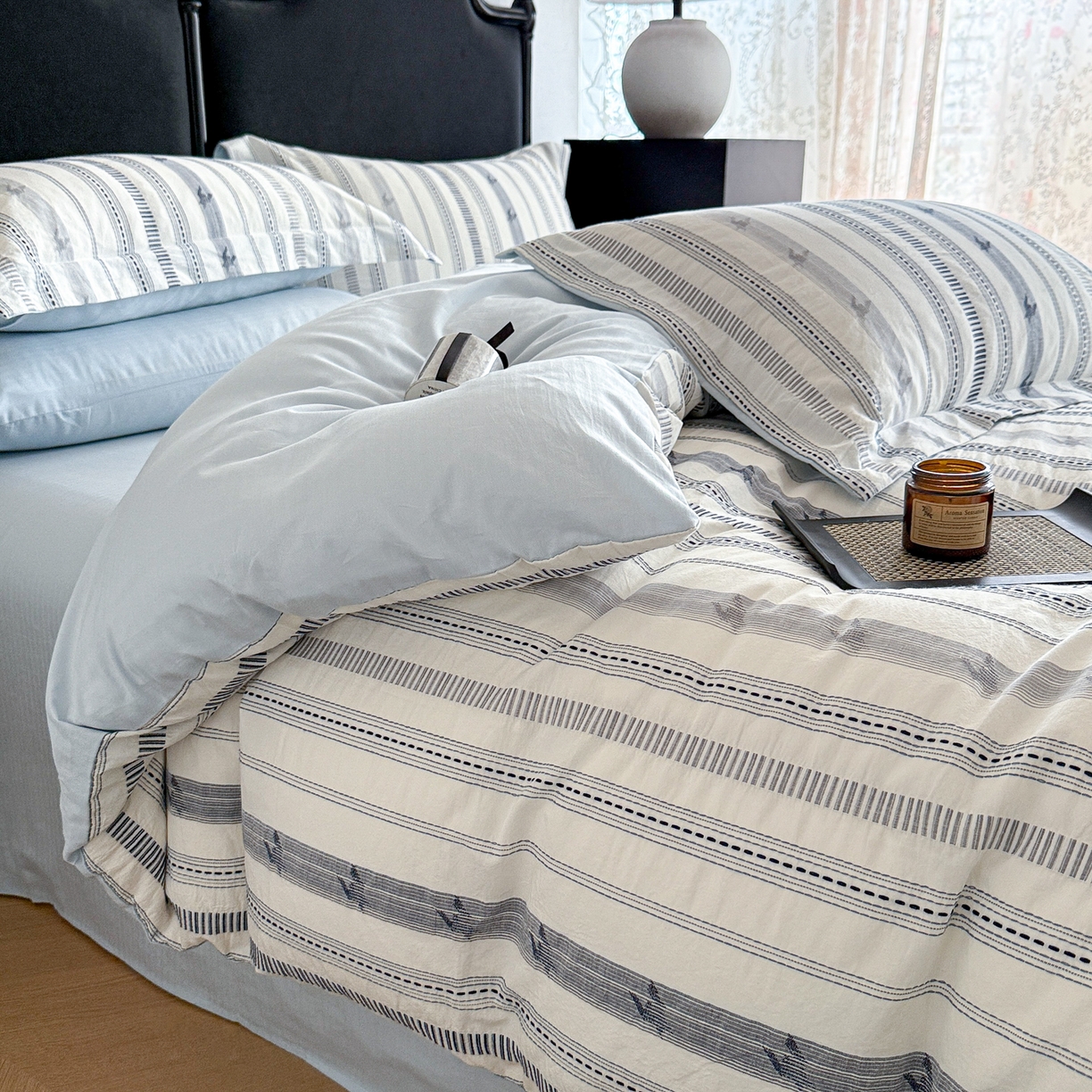 91家纺网 家纺一手货源 找家纺 眠博士 2025新款A类立体穿线提花纯棉四件套 提花股线套件-素简 蓝