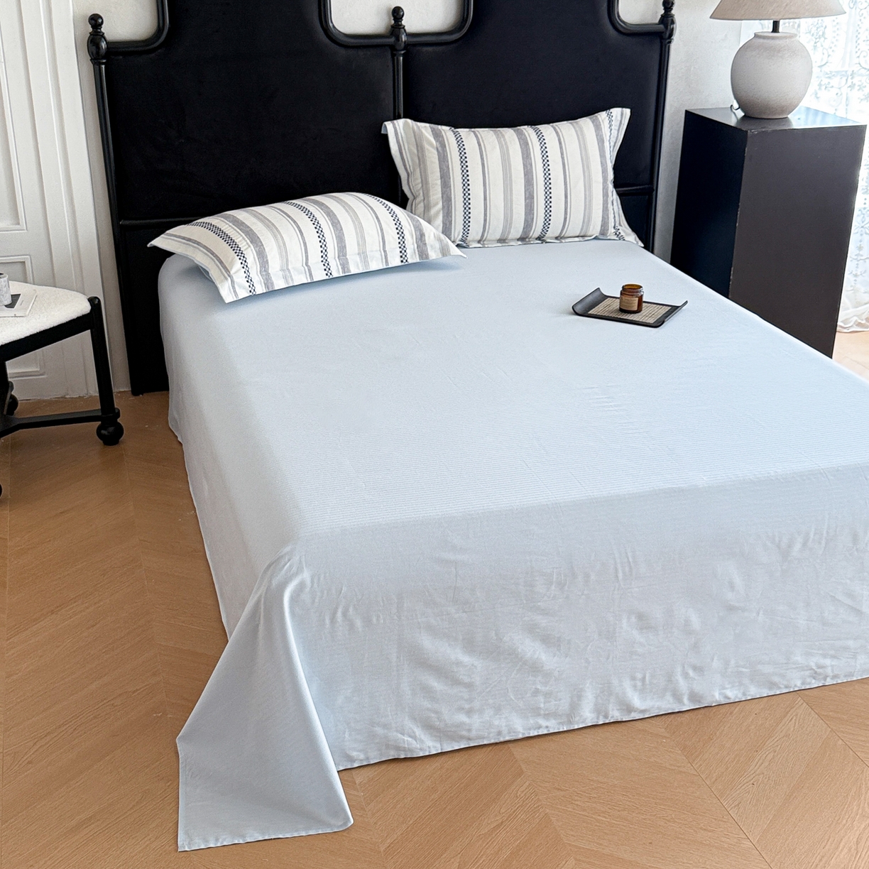 91家纺网 家纺一手货源 找家纺 眠博士 2025新款A类立体穿线提花纯棉四件套 提花股线套件-未来 蓝