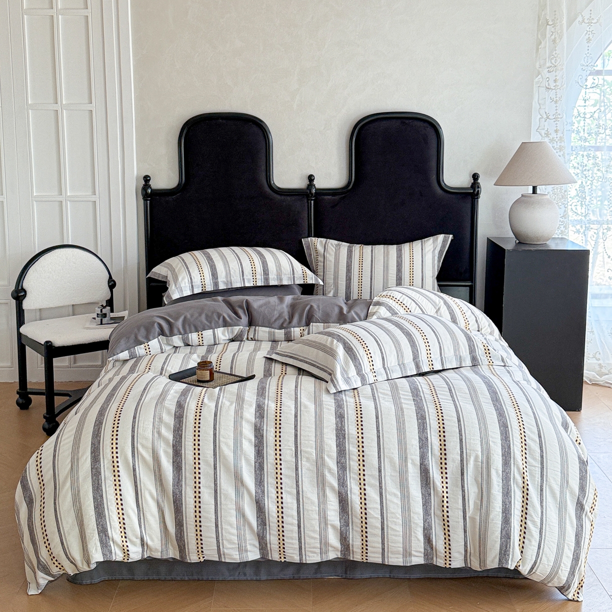 91家纺网 家纺一手货源 找家纺 眠博士 2025新款A类立体穿线提花纯棉四件套 提花股线套件-未来 灰