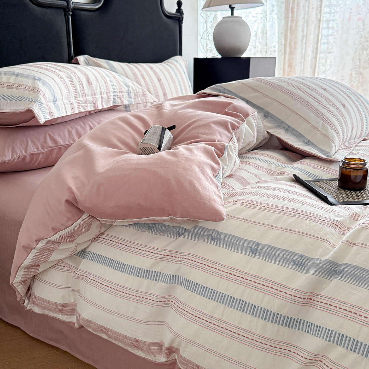 91家纺网 家纺一手货源 找家纺 眠博士 2025新款A类立体穿线提花纯棉四件套 提花股线套件-素简 粉