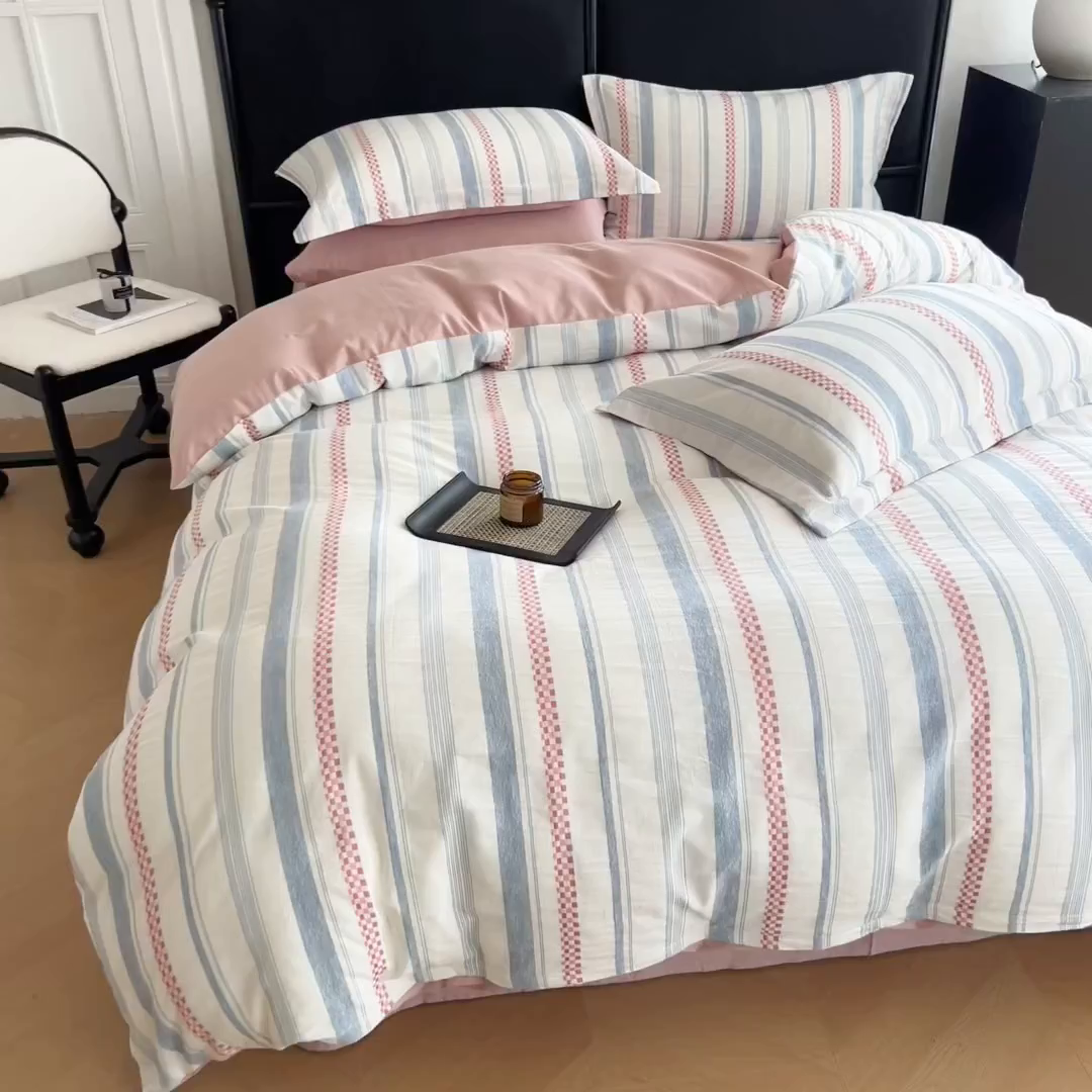 91家纺网 家纺一手货源 找家纺 眠博士 2025新款A类立体穿线提花纯棉四件套 提花股线套件-未来 粉