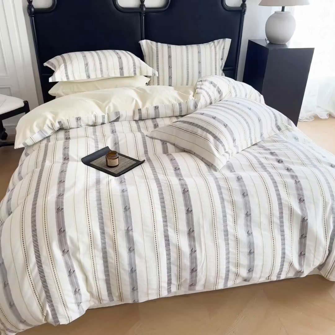 91家纺网 家纺一手货源 找家纺 眠博士 2025新款A类立体穿线提花纯棉四件套 提花股线套件-素简 米