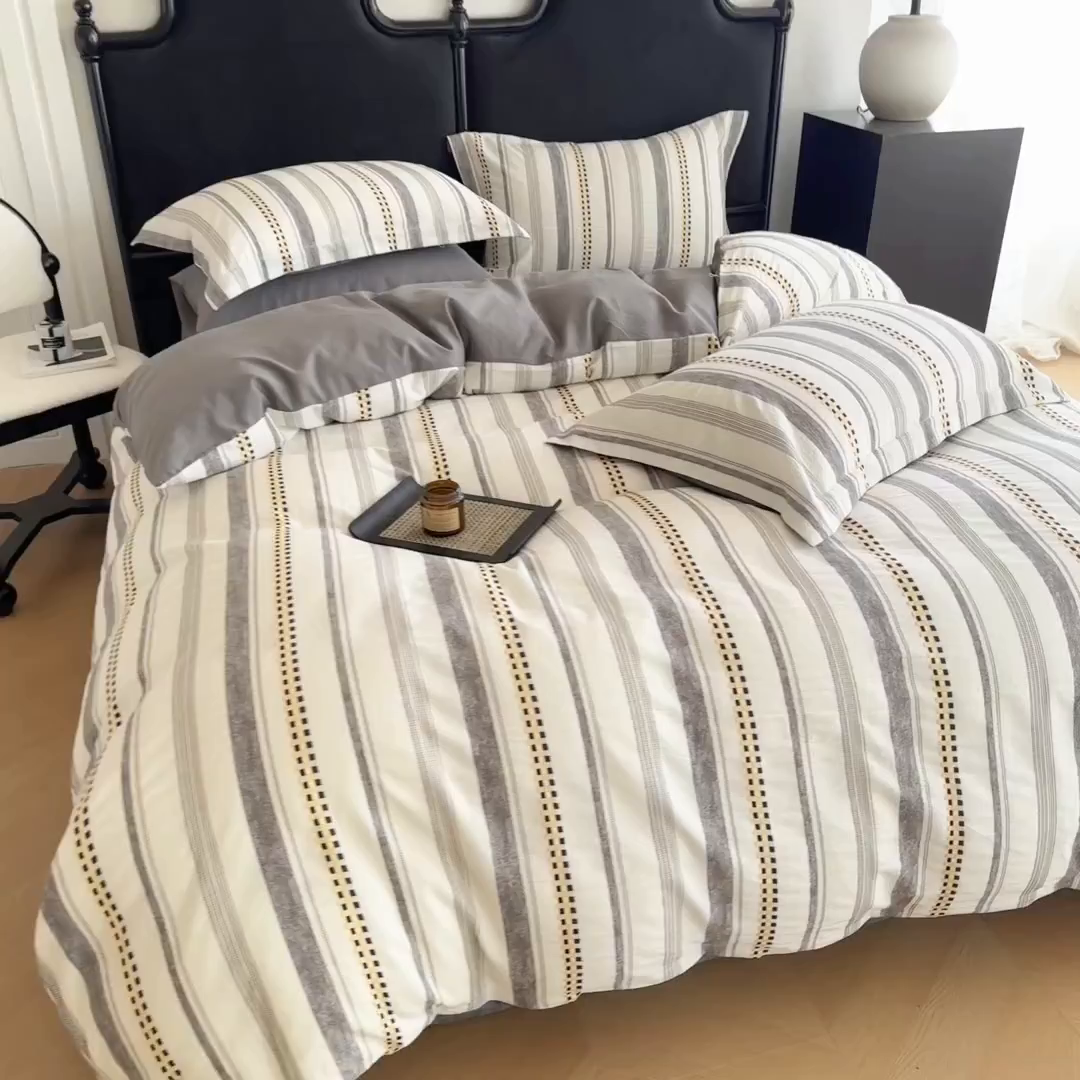 91家纺网 家纺一手货源 找家纺 眠博士 2025新款A类立体穿线提花纯棉四件套 提花股线套件-未来 灰