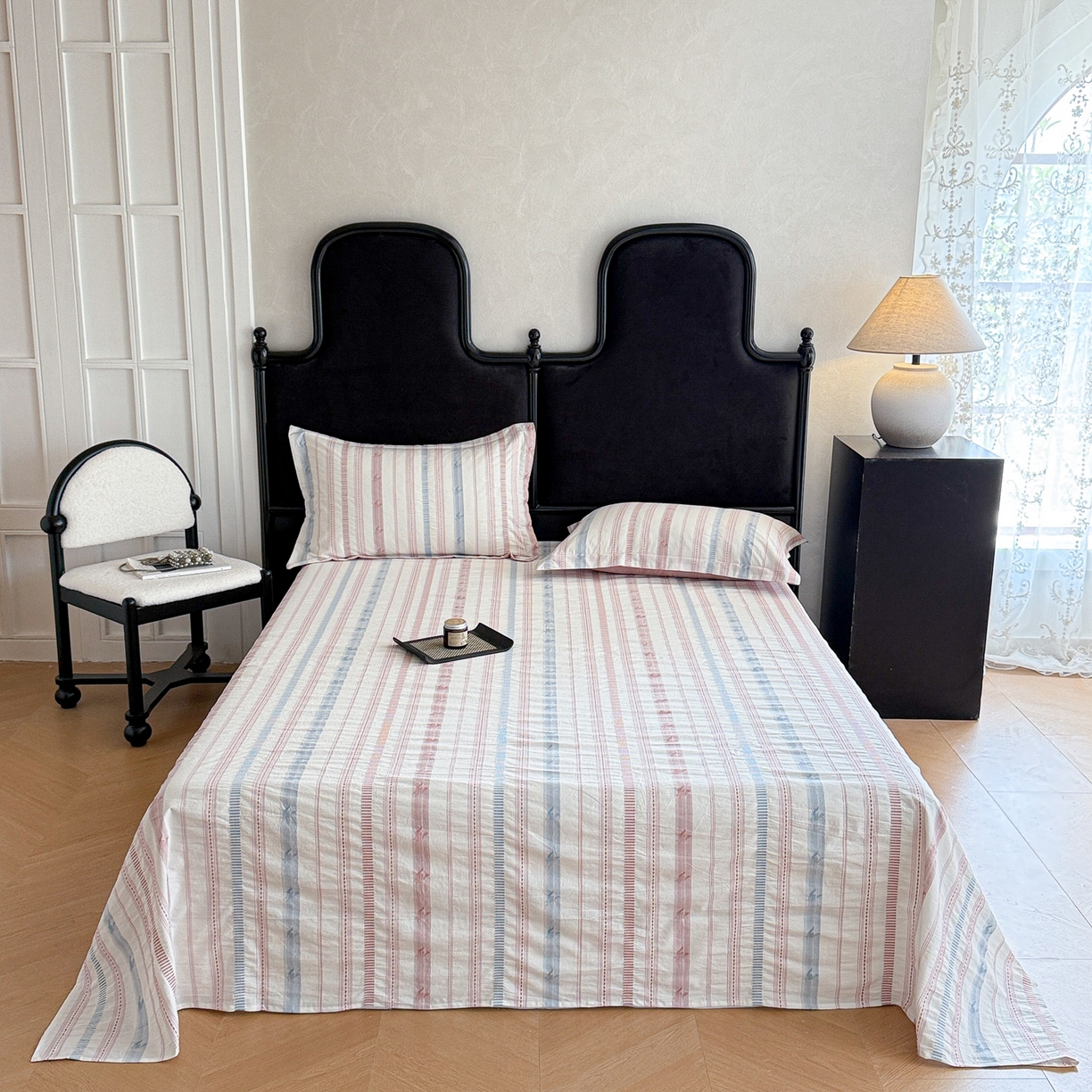 91家纺网 家纺一手货源 找家纺 眠博士 2025新款A类立体穿线提花纯棉单床单 提花股线床单-素简 粉