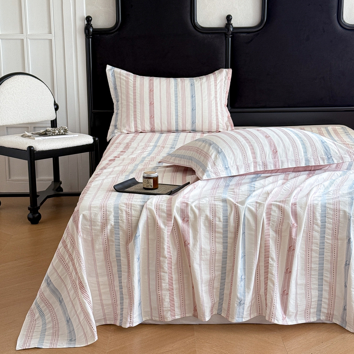 91家纺网 家纺一手货源 找家纺 眠博士 2025新款A类立体穿线提花纯棉单床单 提花股线床单-素简 粉