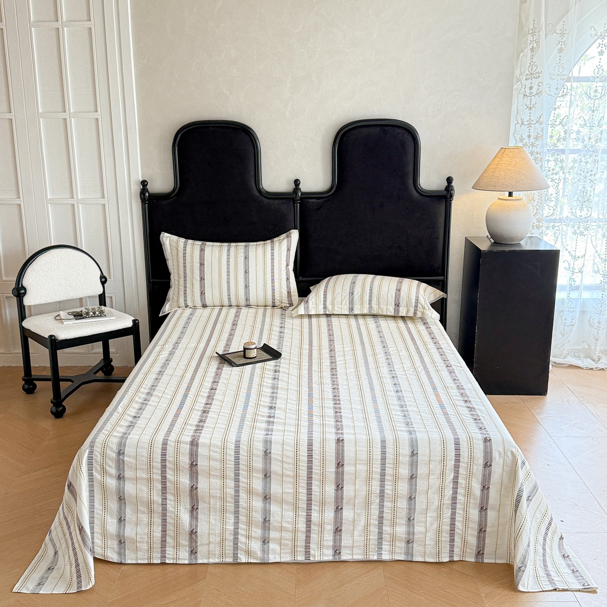 91家纺网 家纺一手货源 找家纺 眠博士 2025新款A类立体穿线提花纯棉单床单 提花股线床单-素简 米