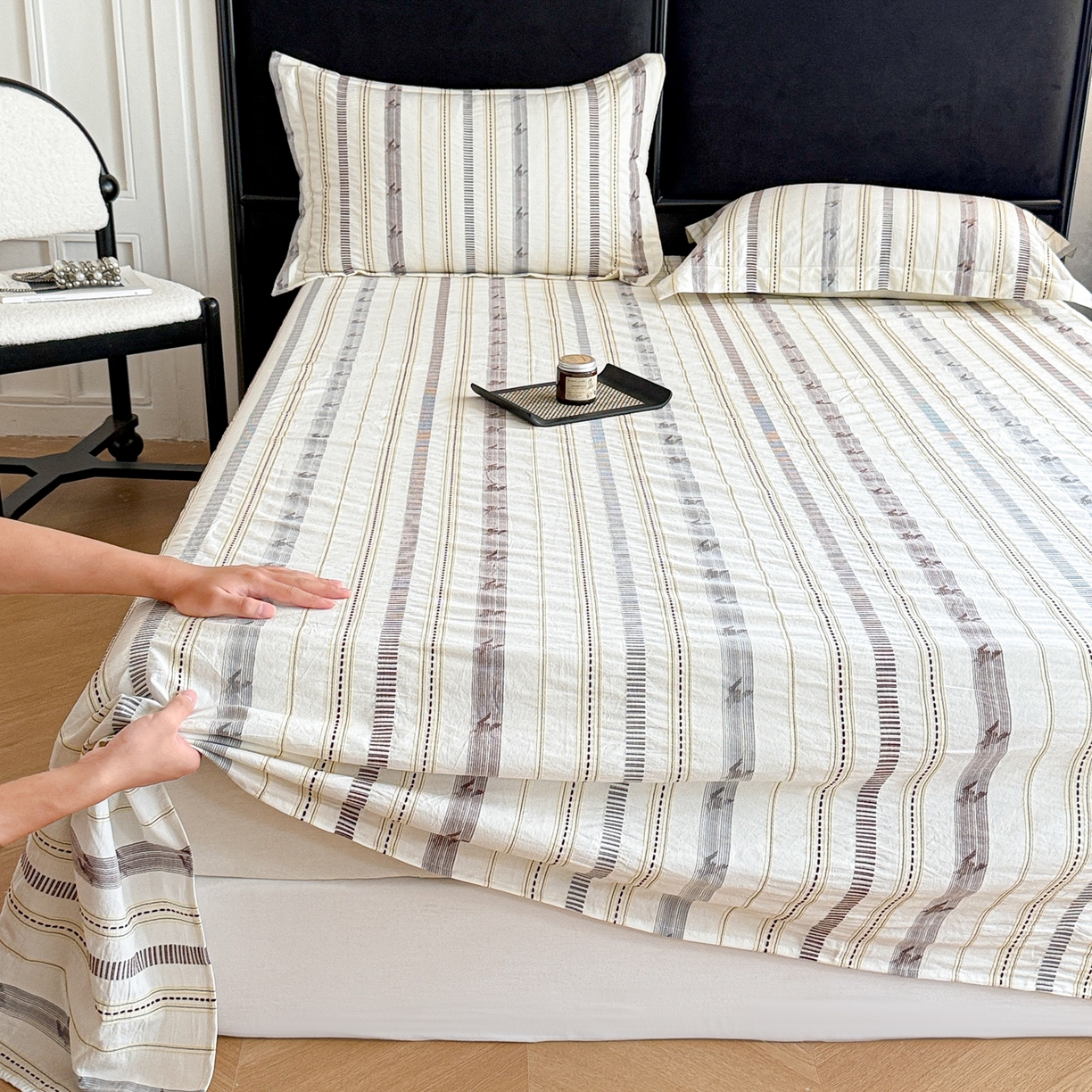 91家纺网 家纺一手货源 找家纺 眠博士 2025新款A类立体穿线提花纯棉单床单 提花股线床单-素简 米