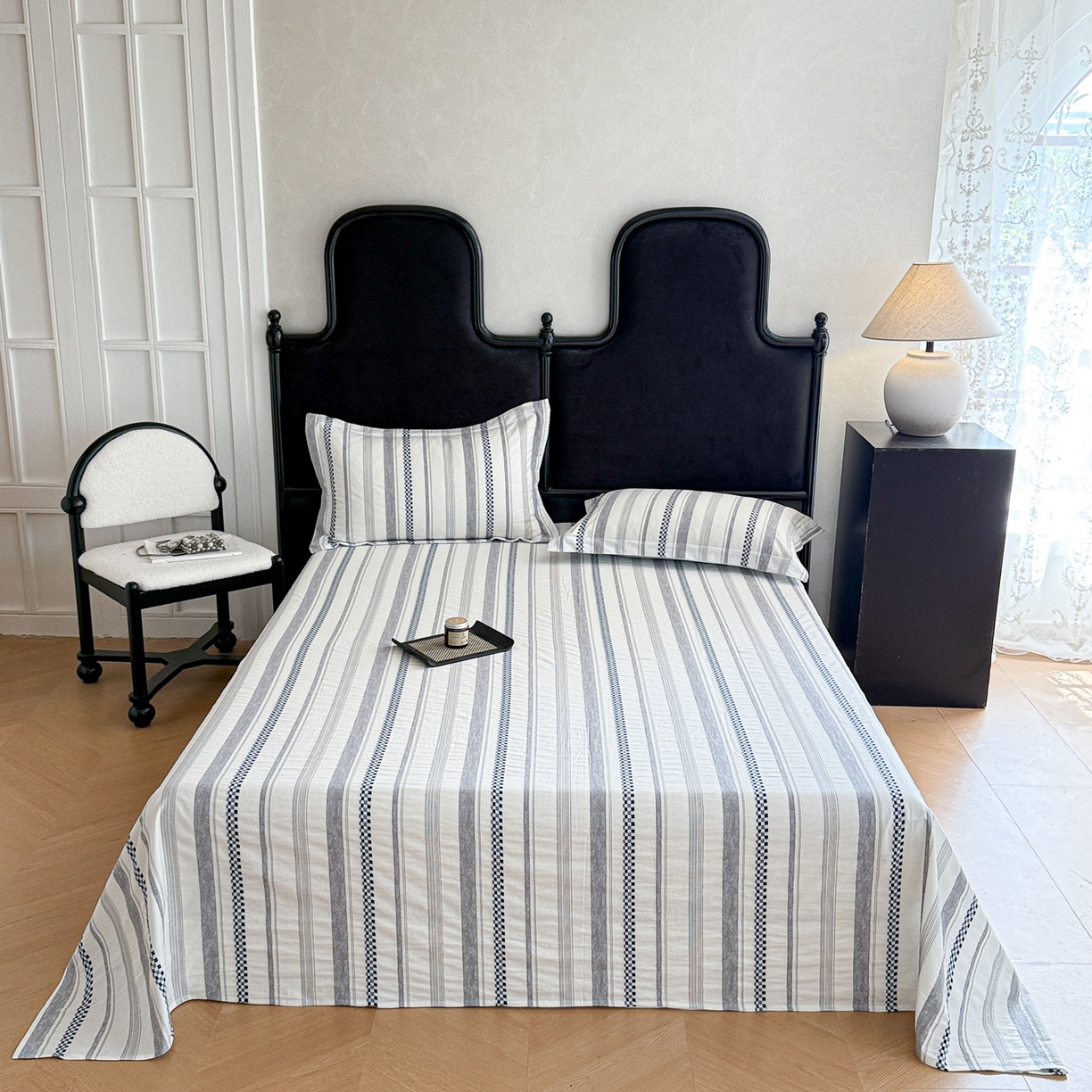 91家纺网 家纺一手货源 找家纺 眠博士 2025新款A类立体穿线提花纯棉单床单 提花股线床单-未来 蓝