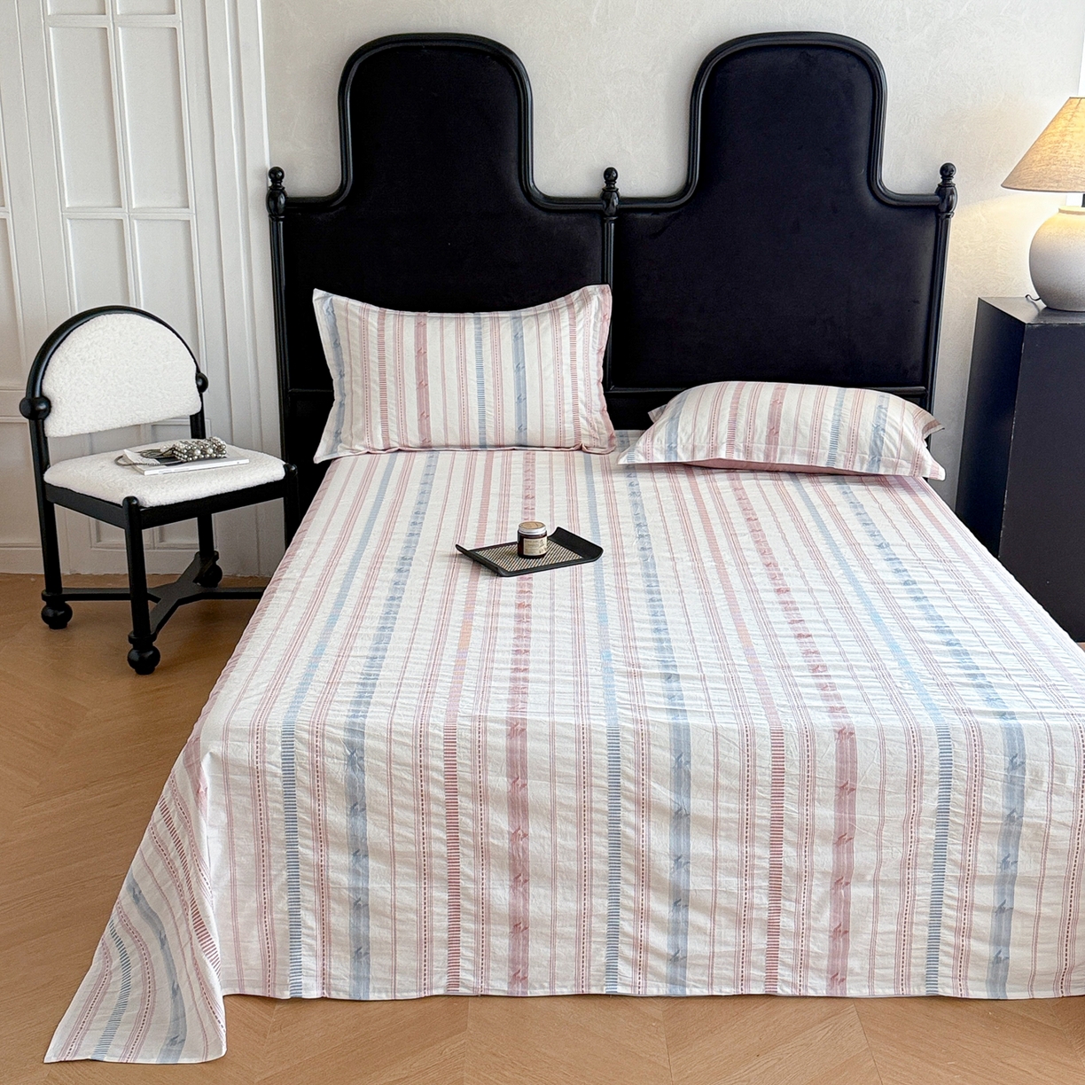 91家纺网 家纺一手货源 找家纺 眠博士 2025新款A类立体穿线提花纯棉单床单 提花股线床单-素简 粉