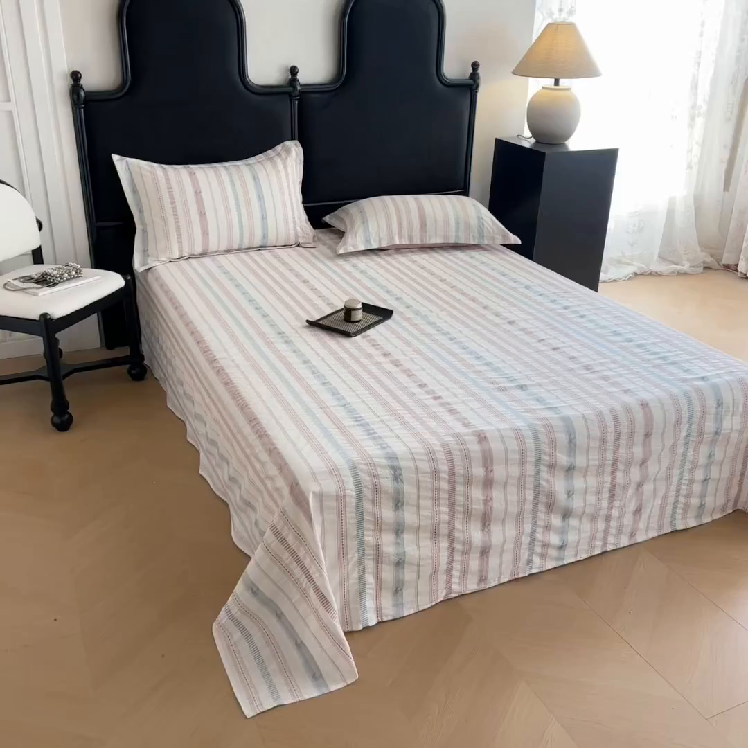 91家纺网 家纺一手货源 找家纺 眠博士 2025新款A类立体穿线提花纯棉单床单 提花股线床单-素简 粉