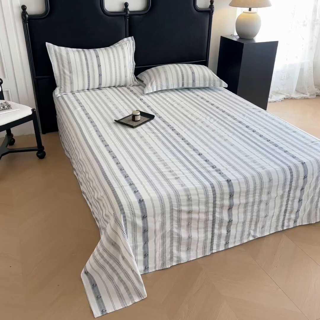 91家纺网 家纺一手货源 找家纺 眠博士 2025新款A类立体穿线提花纯棉单床单 提花股线床单-素简 蓝