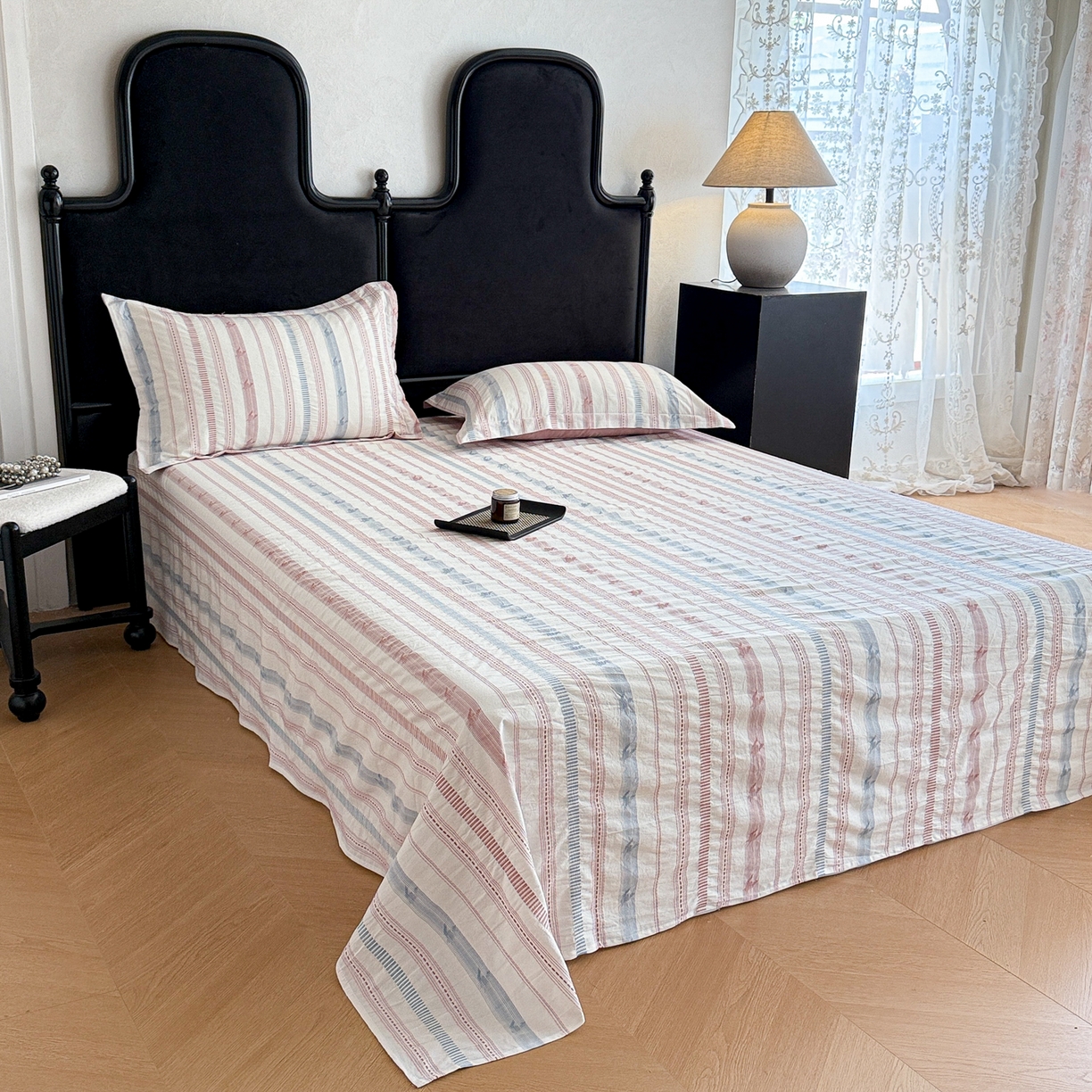 91家纺网 家纺一手货源 找家纺 眠博士 2025新款A类立体穿线提花纯棉单床单 提花股线床单-素简 粉