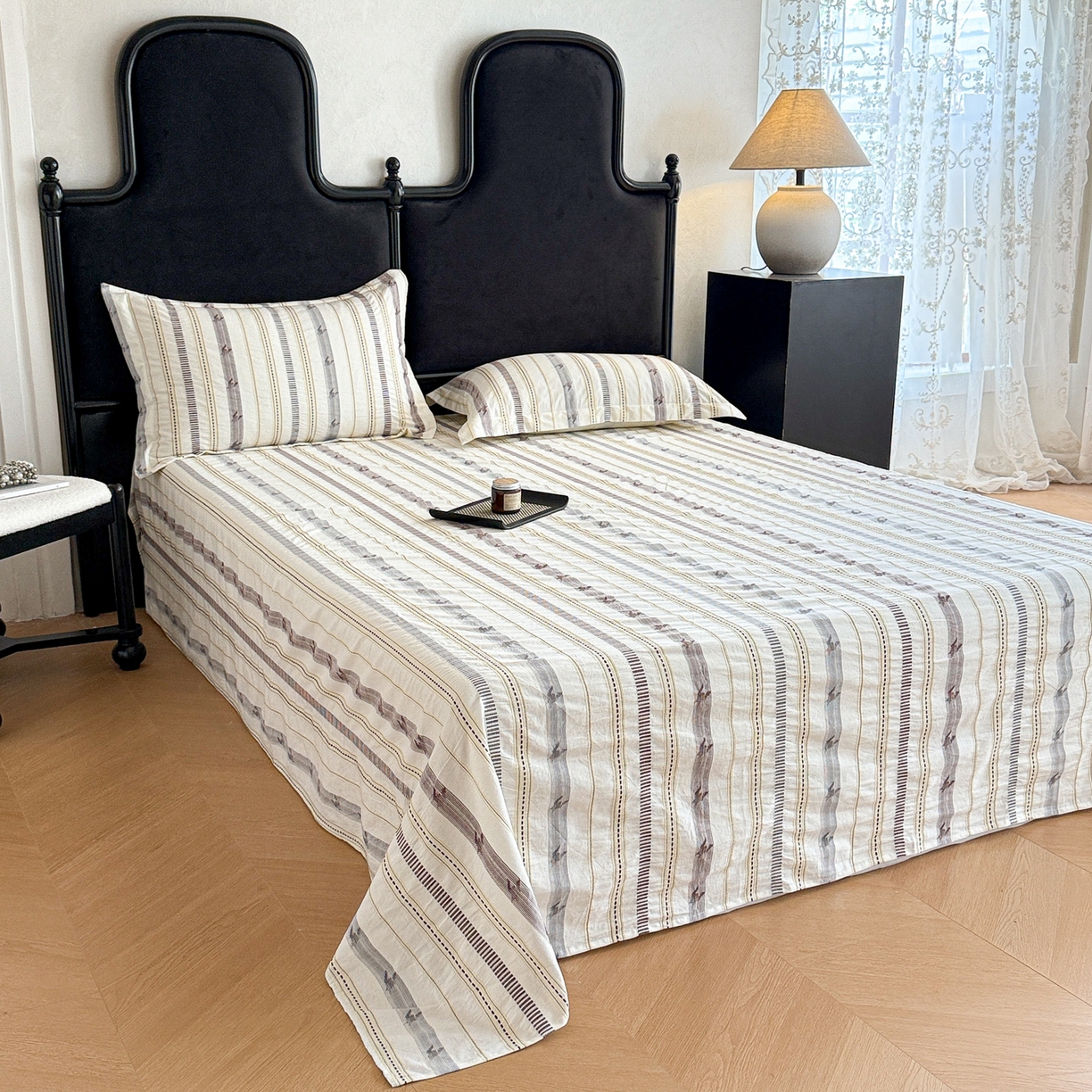 91家纺网 家纺一手货源 找家纺 眠博士 2025新款A类立体穿线提花纯棉单床单 提花股线床单-素简 米