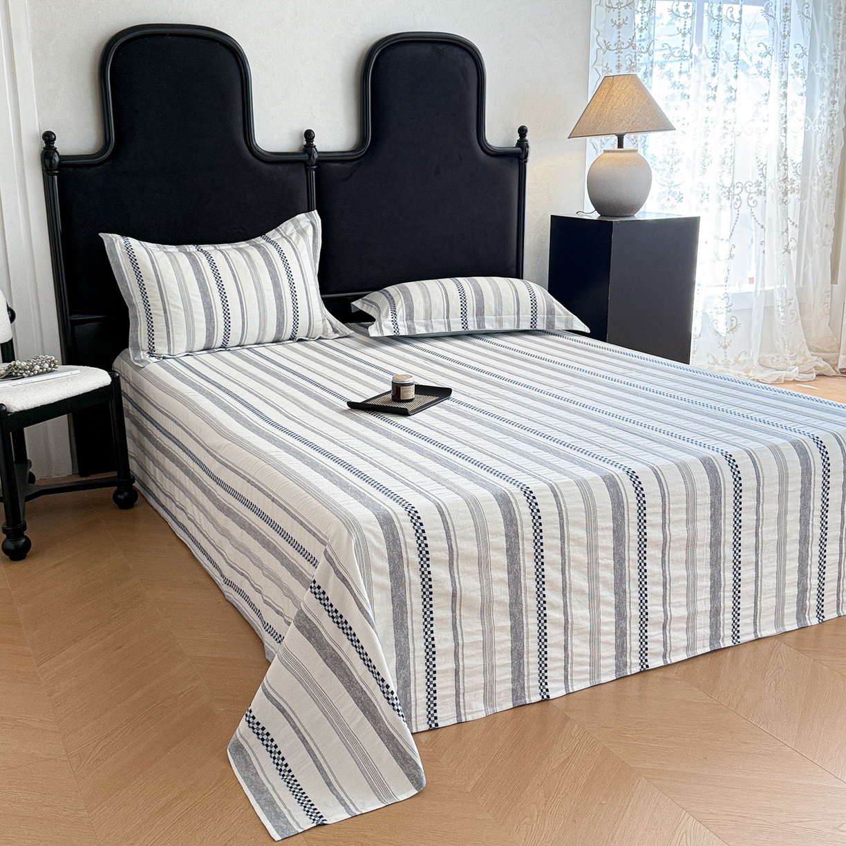 91家纺网 家纺一手货源 找家纺 眠博士 2025新款A类立体穿线提花纯棉单床单 提花股线床单-未来 蓝